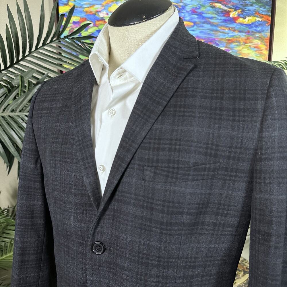 H&M 40R Sport coat  Slim Part lined plaid Elbow Patches Poly Visc blend elastane